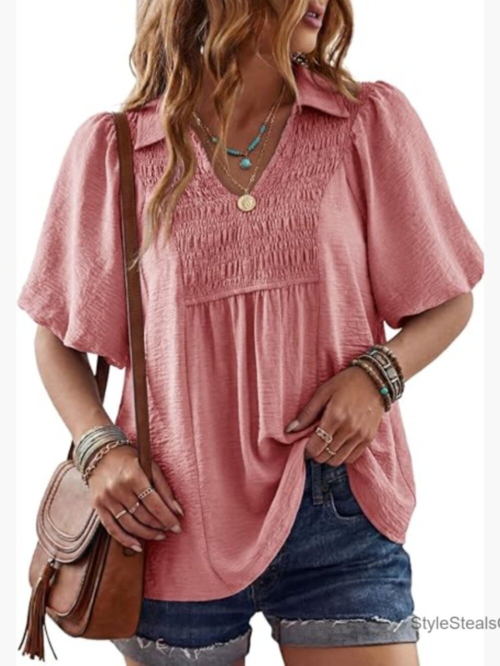 V-Neck Smocked Babydoll Blouse Puff Sleeve Peplum Top Regular Fit Polyester